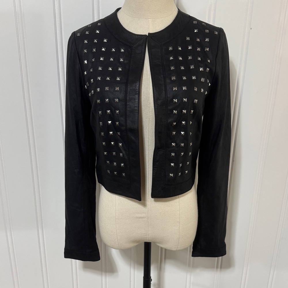 NWT BB Dakota 100% Leather Open Front Studded Black Jacket size S